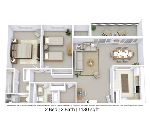 Floor plan for 2 beds, 2 baths, 1130 sqft